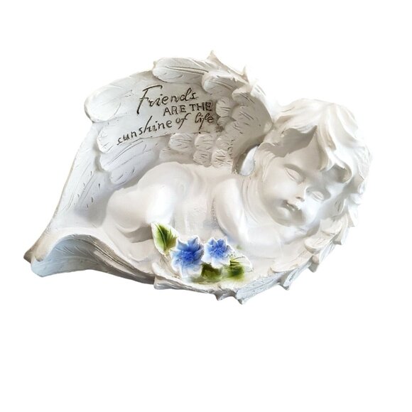 Set Of 2 White Sleeping Angel Cherub Figurines Wings Blue Flowers Friend Gift - Picture 3 of 9